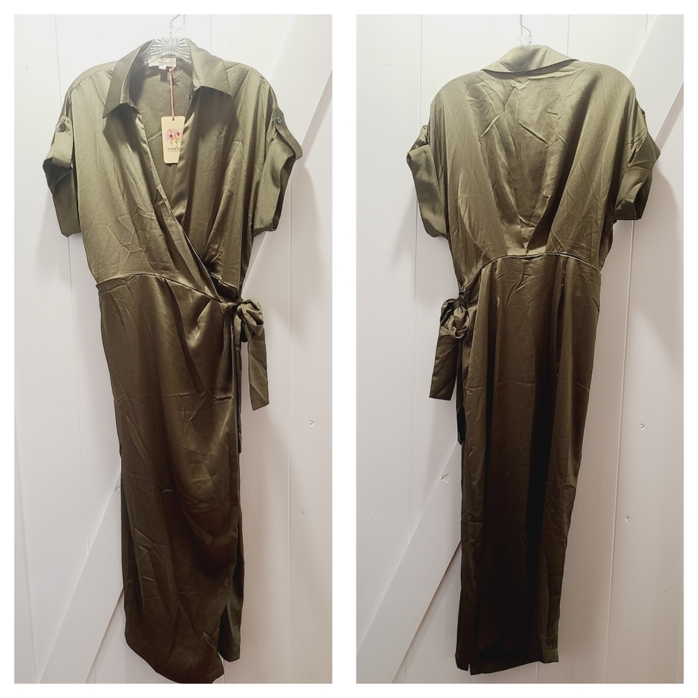 NWT Entro Olive Green Side Tie Wrap Shirt Dress
